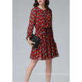 Summer Red Round Flower Print Long Sleeve Women′s Dress